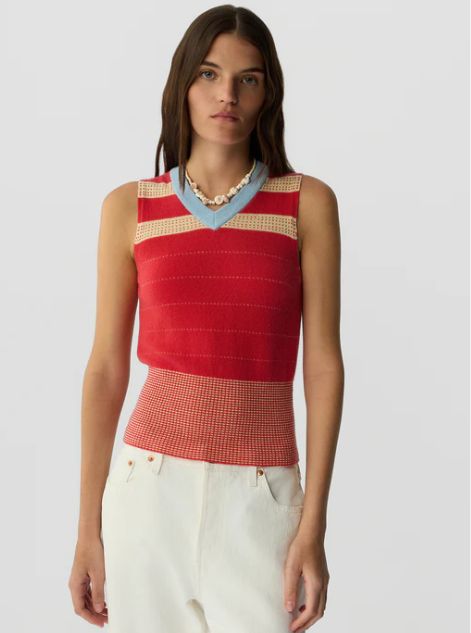Guest In Residence Collegiate Stripe Vest, Color: Scarlet, Size: XS