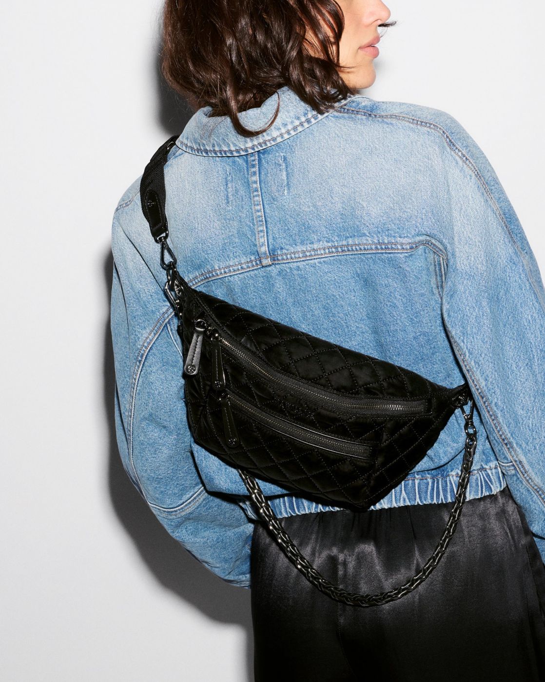 MZ Wallace Small Crosby Crossbody Sling in Black Tech Velvet