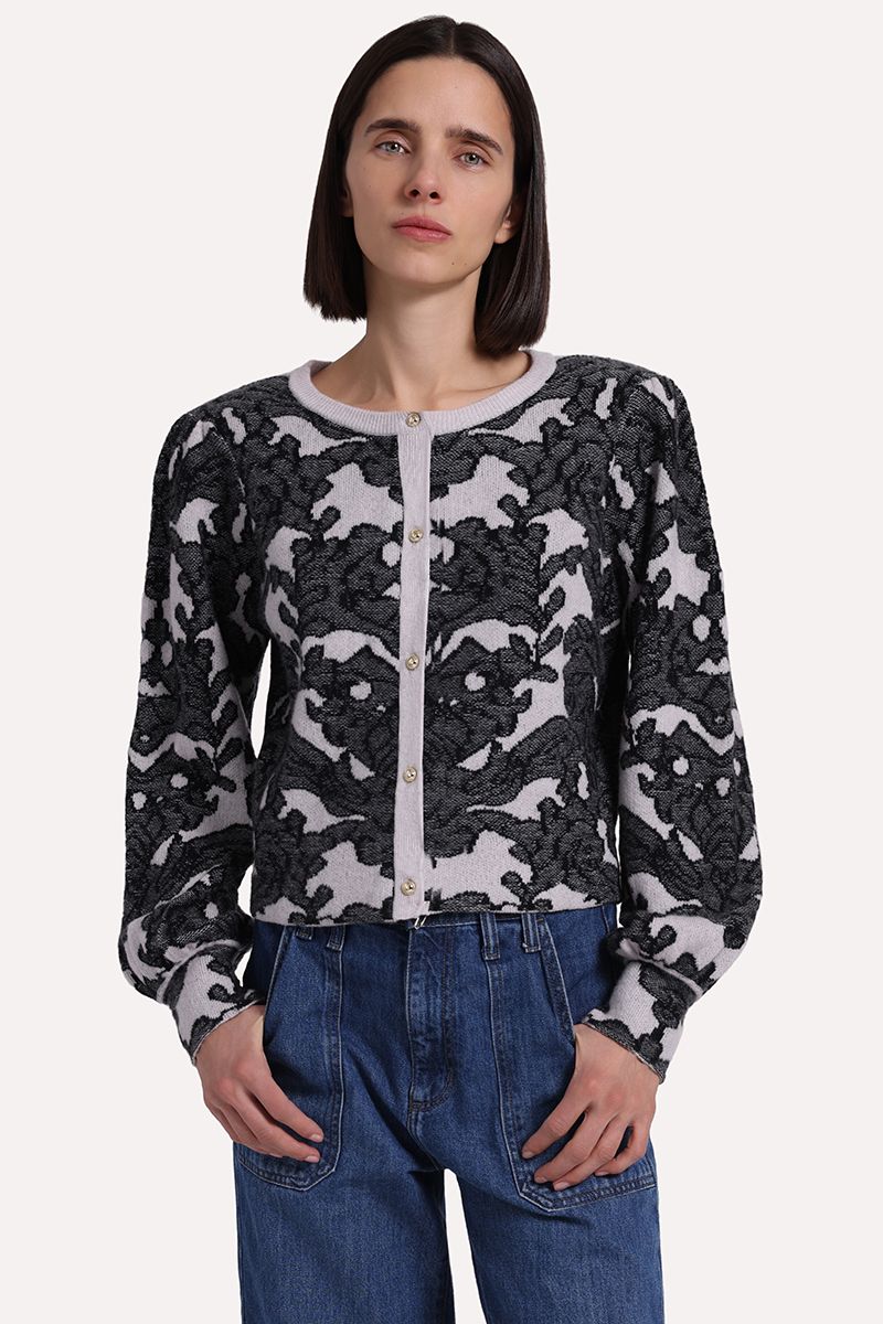 Minnie Rose Damask Cropped Sweater with Puff Sleeves, Color: Fog/Black, Size: XS
