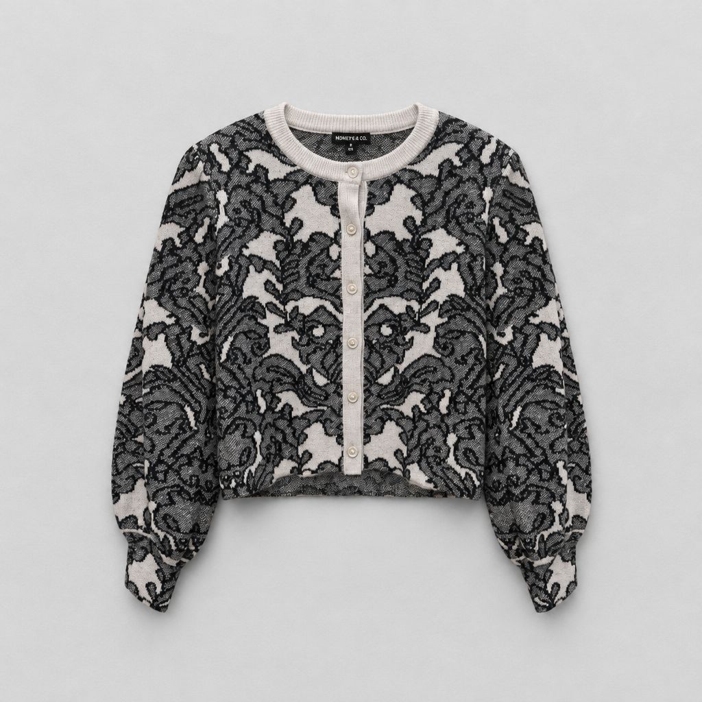 Minnie Rose Damask Cropped Sweater with Puff Sleeves