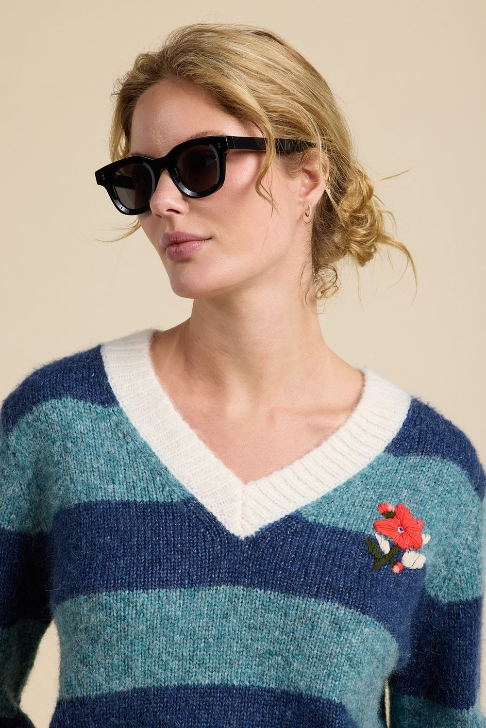 Trovata Chalet V-Neck Indigo Stripe Sweater with Hand Embroidered Flower, Color: Indigo Stripe, Size: XS