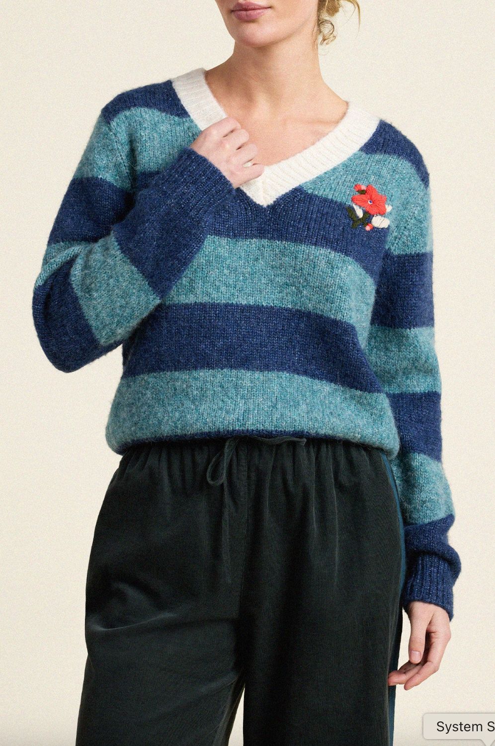 Trovata Chalet V-Neck Indigo Stripe Sweater with Hand Embroidered Flower