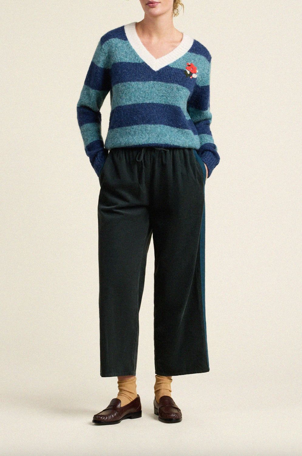 Trovata Chalet V-Neck Indigo Stripe Sweater with Hand Embroidered Flower