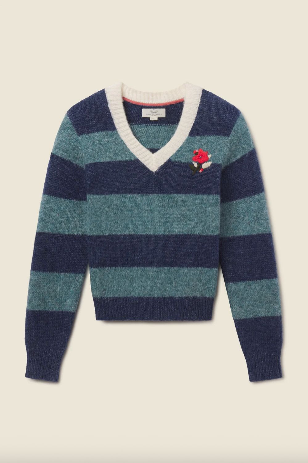Trovata Chalet V-Neck Indigo Stripe Sweater with Hand Embroidered Flower
