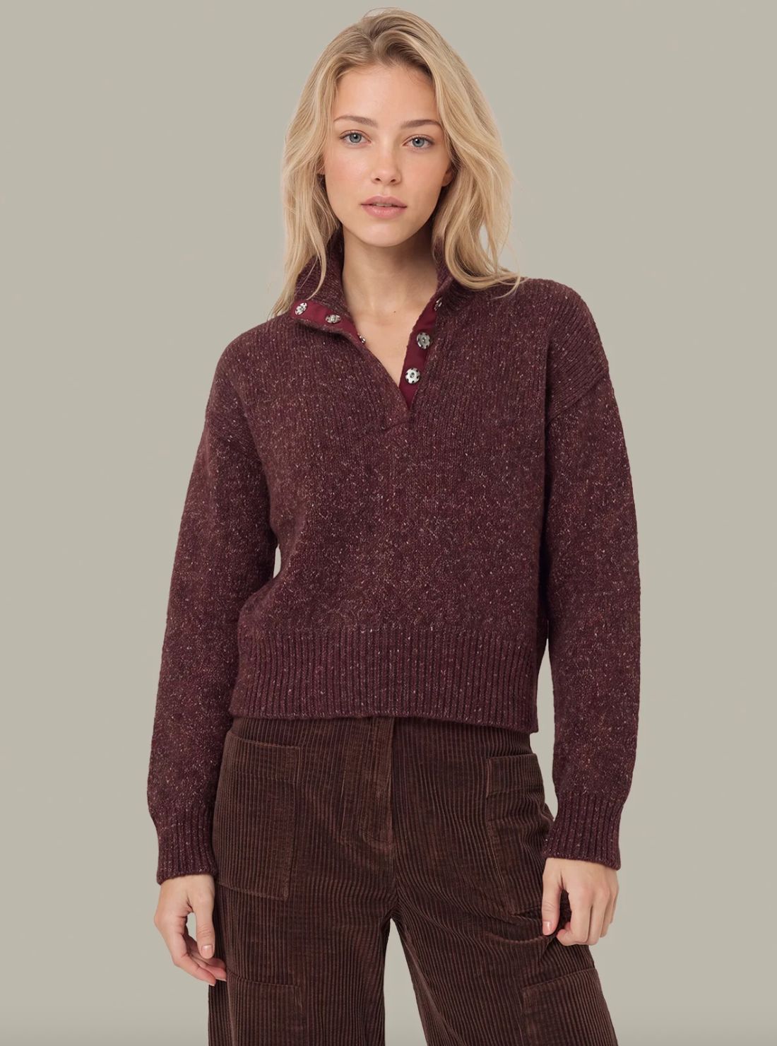 525 Boxy Snap Front Henley Sweater