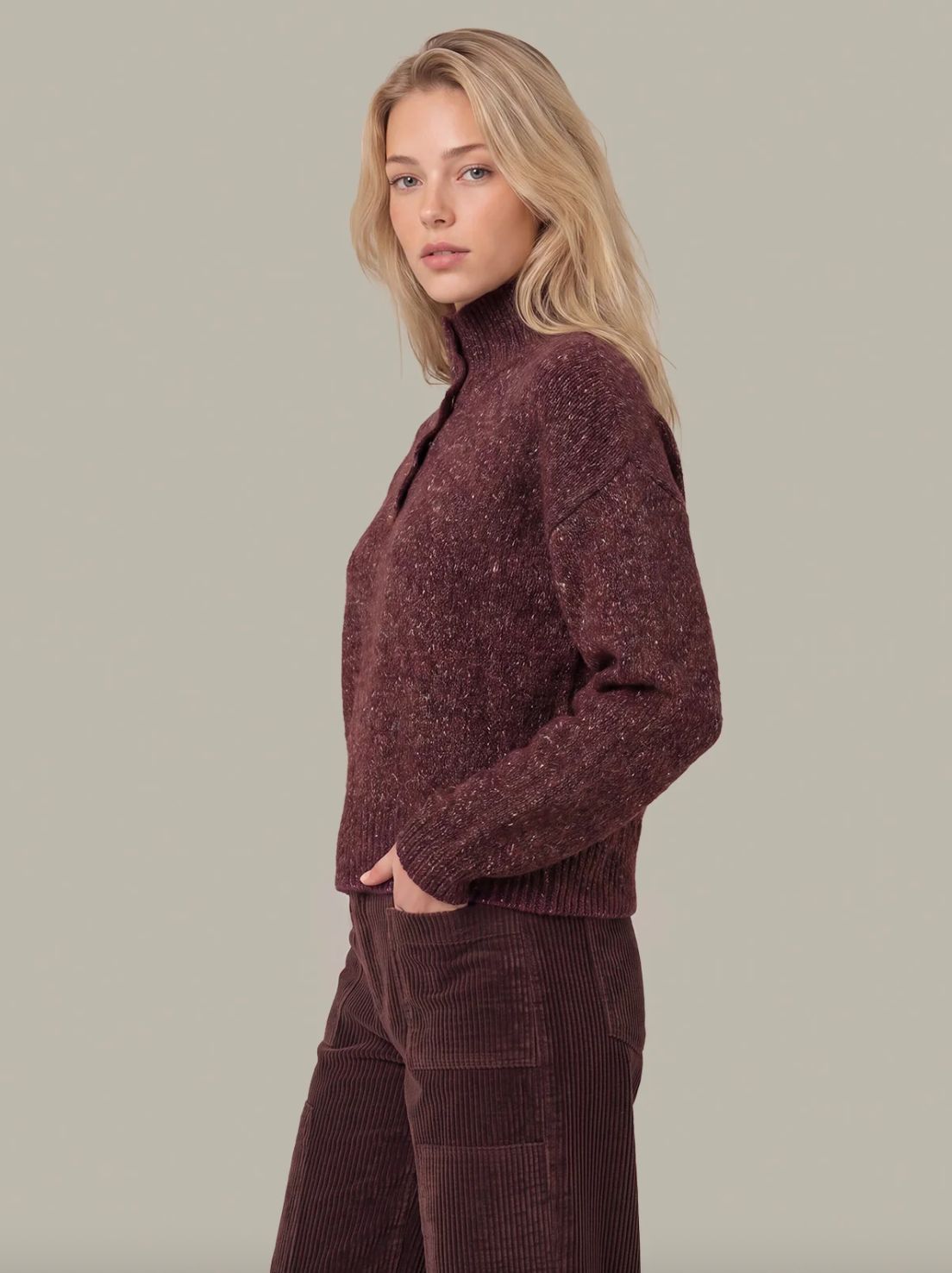 525 Boxy Snap Front Henley Sweater