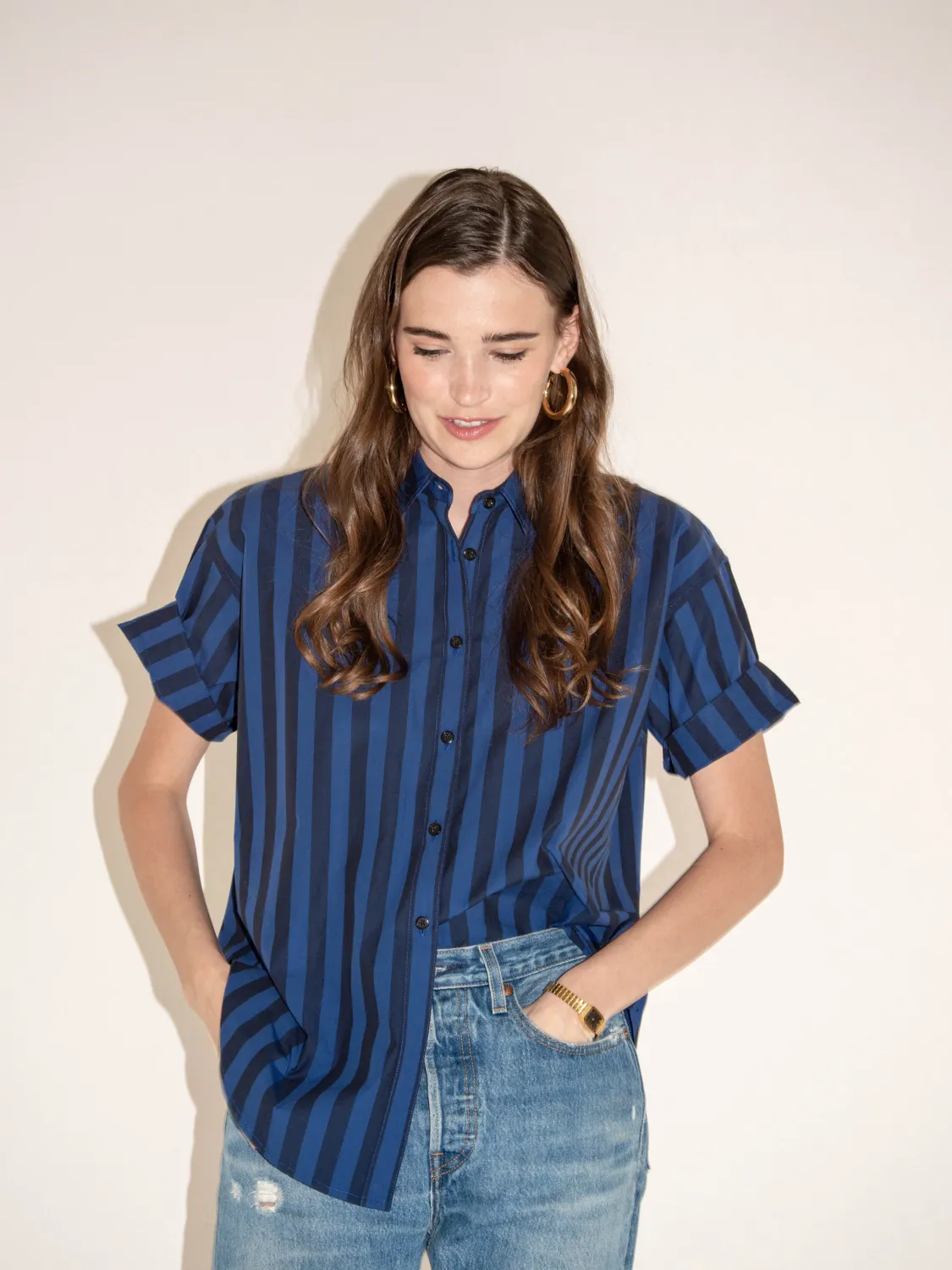 Heather Harlan Short Sleeve Swing Shirt, Color: Awning Stripe, Size: XS