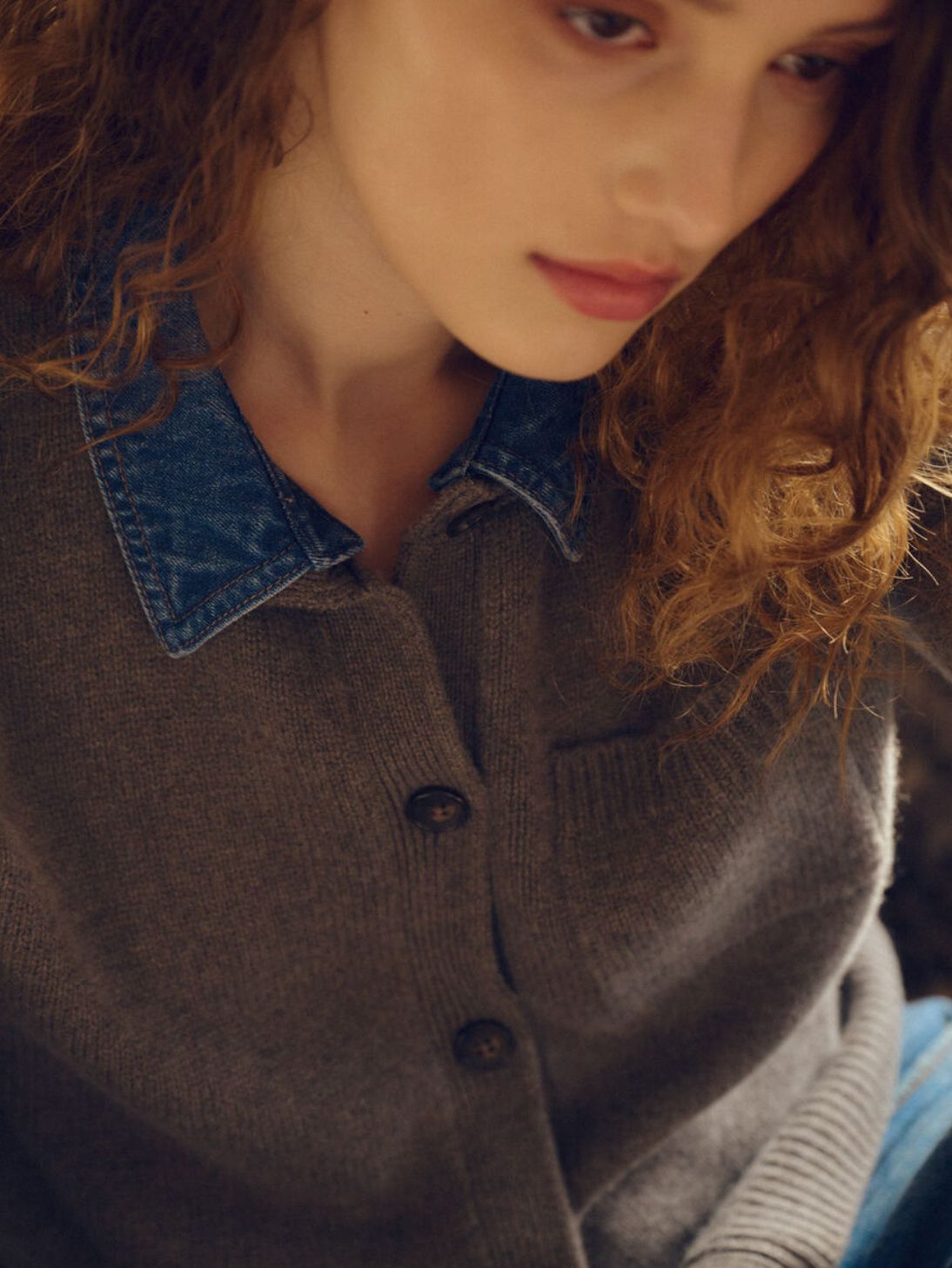 Repeat Cashmere Cardigan with Detachable Denim Collar