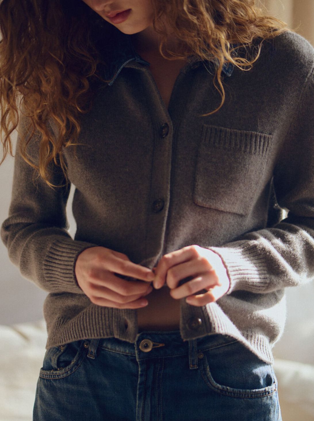 Repeat Cashmere Cardigan with Detachable Denim Collar