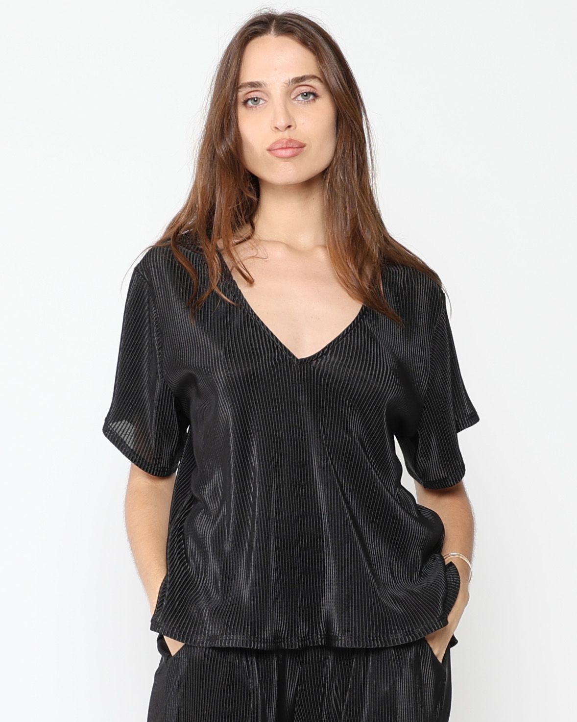 Ripley Rader Micropleat Everyday V-Neck Top, Color: Black, Size: 1