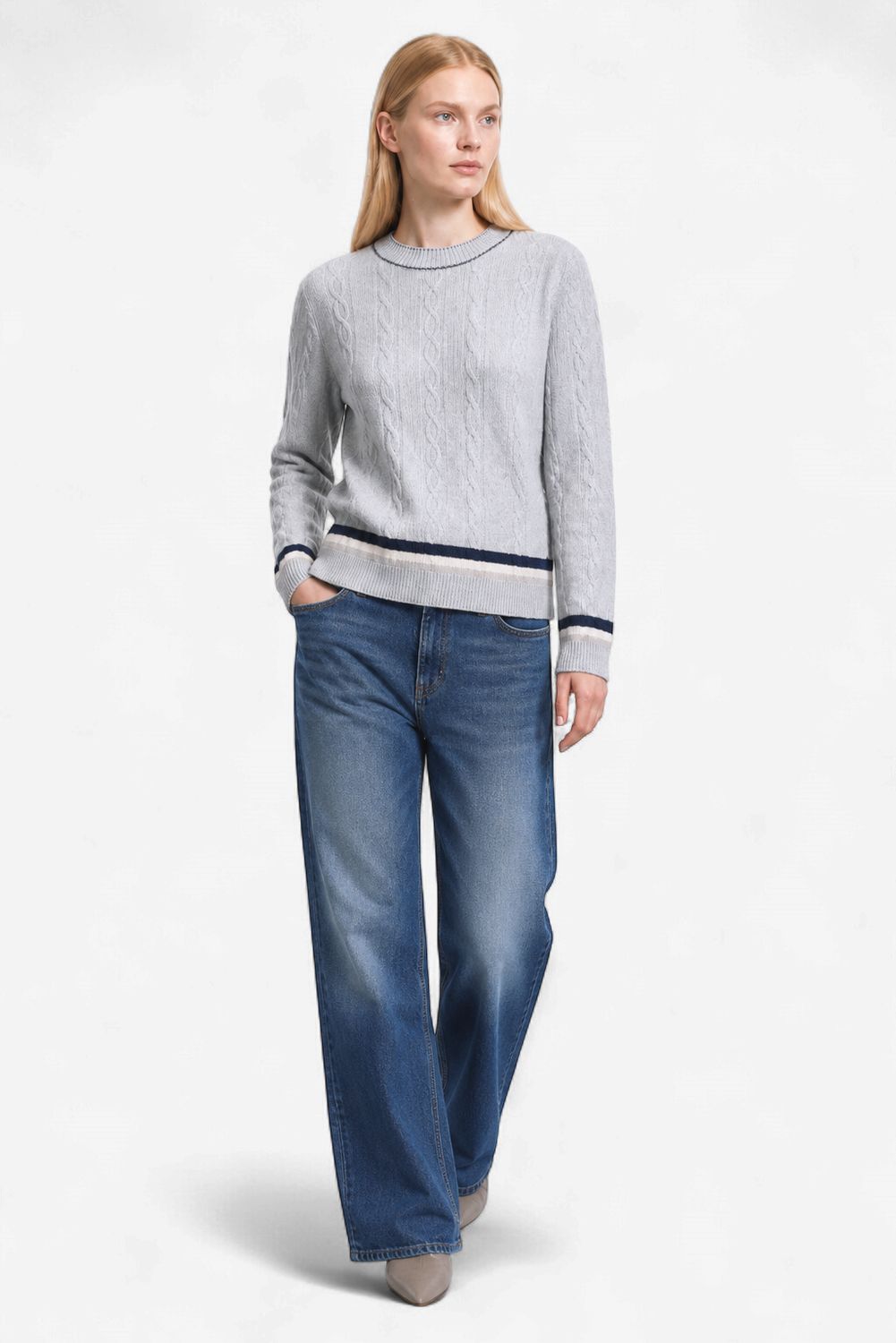 Brodie Varsity Cable Crew in Blue Mist