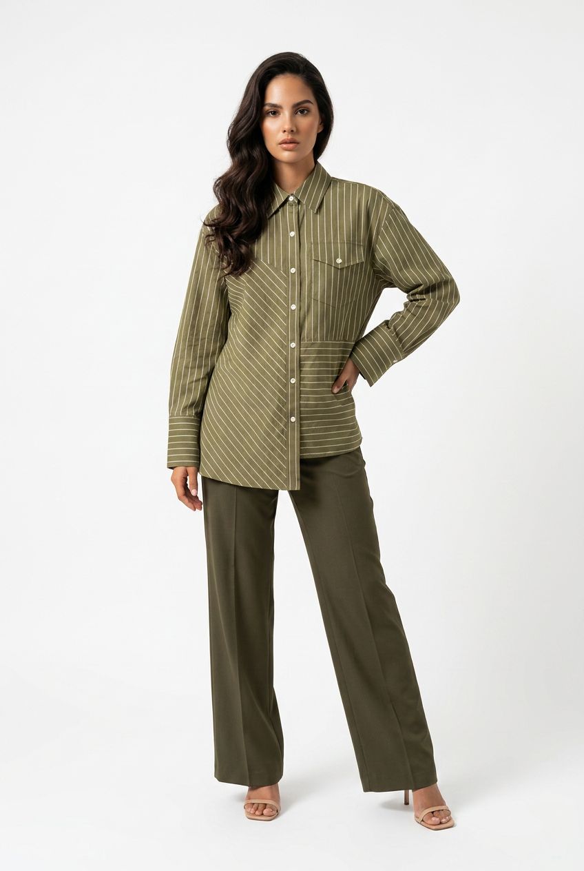 Phillip Lim Assymetrical Stripe Trapeze Shirt in Olive Multi
