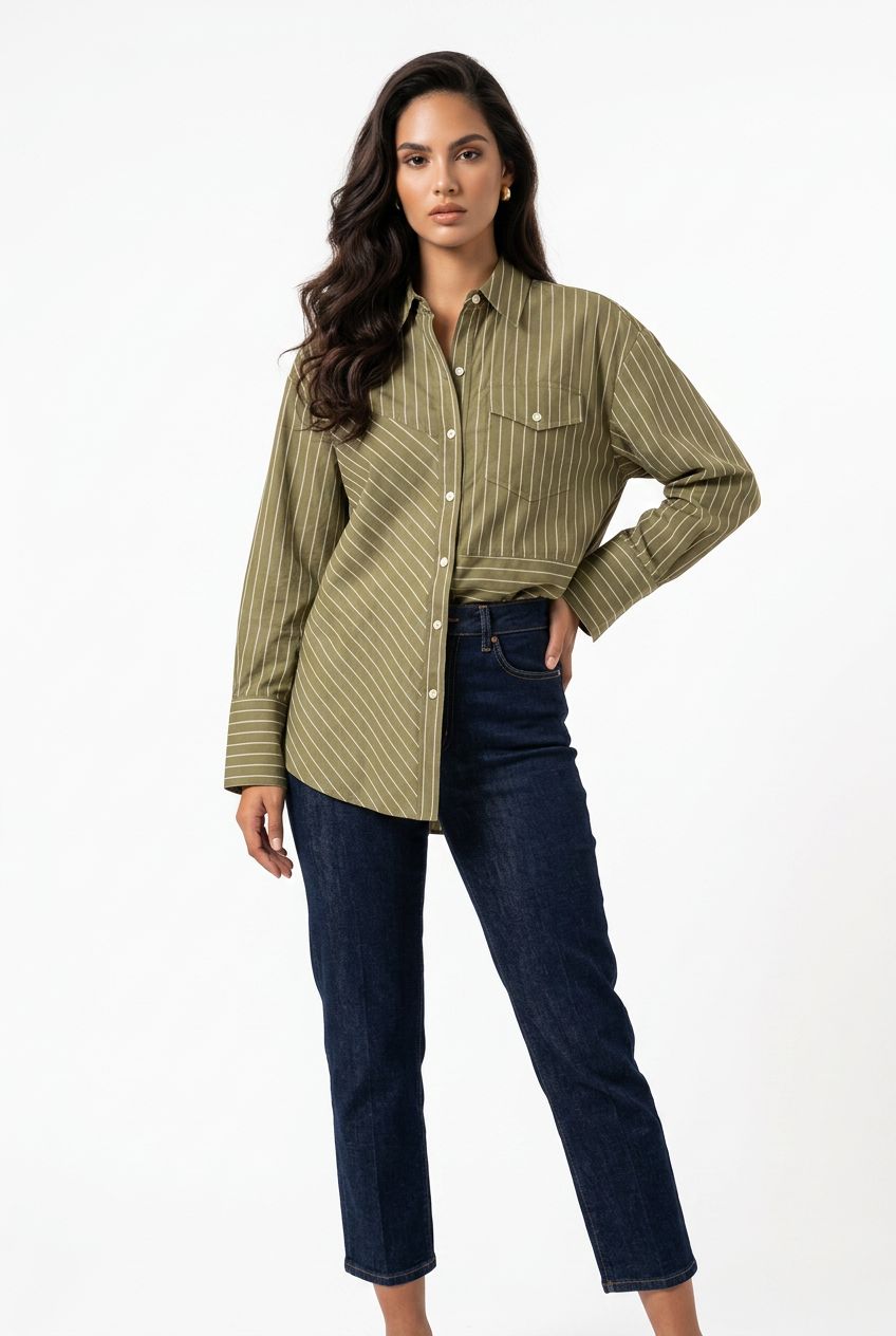 Phillip Lim Assymetrical Stripe Trapeze Shirt in Olive Multi