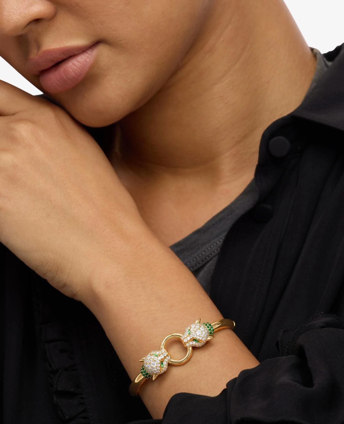 Melinda Maria Jaguar Cuff Bracelet in Gold/Emerald