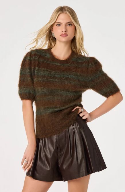 ASTR Jean Brushed Knit Striped Sweater, Color: Brown/Green Stripe, Style: XS