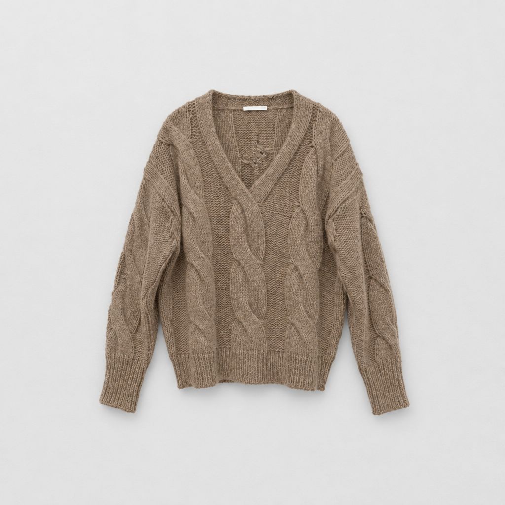 Roberto Collina Cable V-Neck Sweater in Camello
