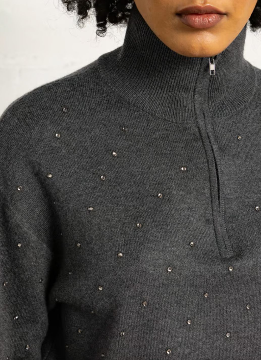 Suncoo Pristo Rhinestone Zip-Neck Sweater