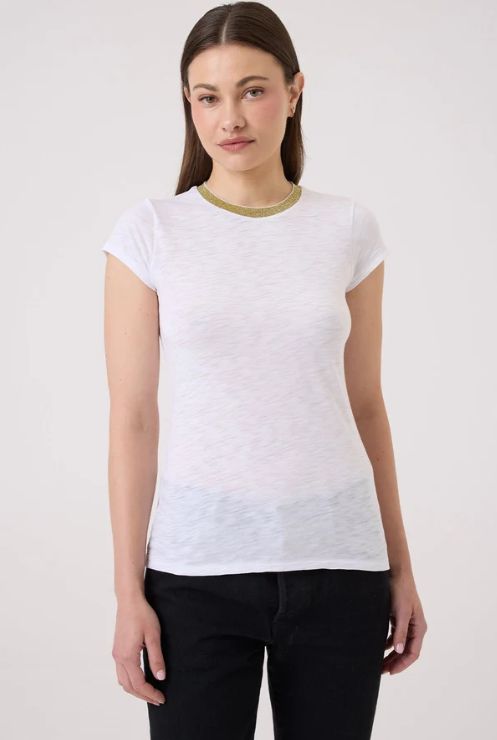 Goldie Short Sleeve Metallic Ringer Tee in White/Gold, Color: White/Gold, Size: XS