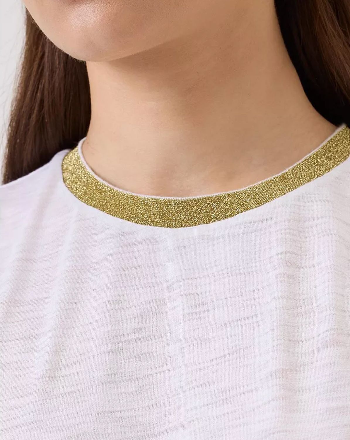Goldie Short Sleeve Metallic Ringer Tee in White/Gold