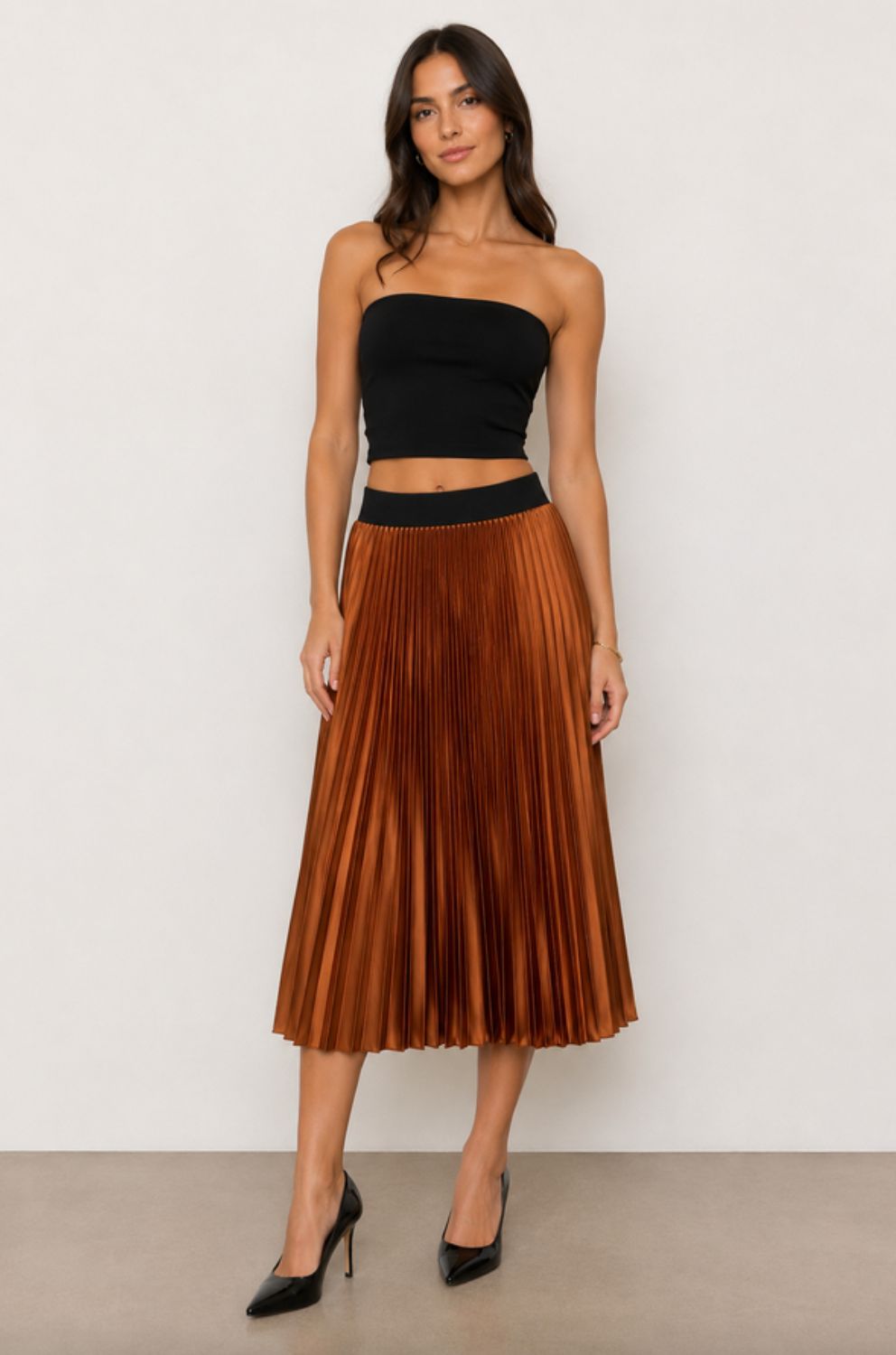 Loyd Ford Satin Hazel Brown Pleated Skirt