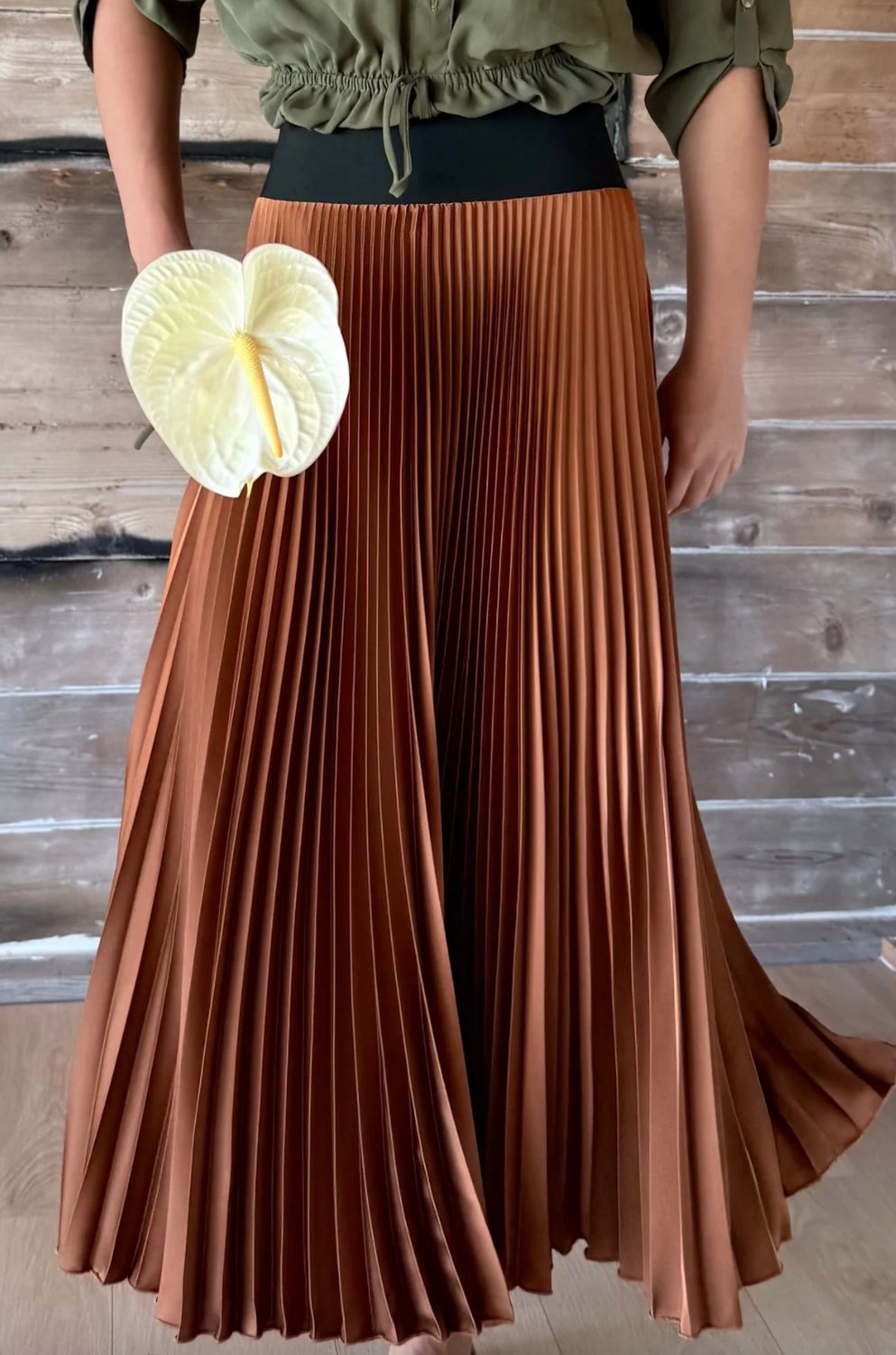 Loyd Ford Satin Hazel Brown Pleated Skirt