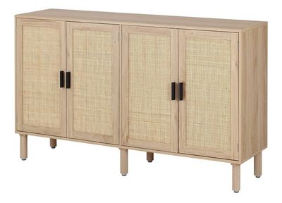 Finnhomy 4 Door Sideboard Buffet Cabinet, Kitchen Storage Cabinet with Rattan Decorated Doors, Natural