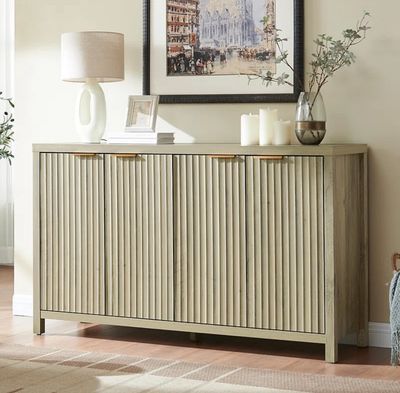 OAKHAM Oxford Fluted Sideboard Buffet Cabinet with 4 Doors, Storage Credenza with Adjustable Shelves. Sunwashed Ash Oak