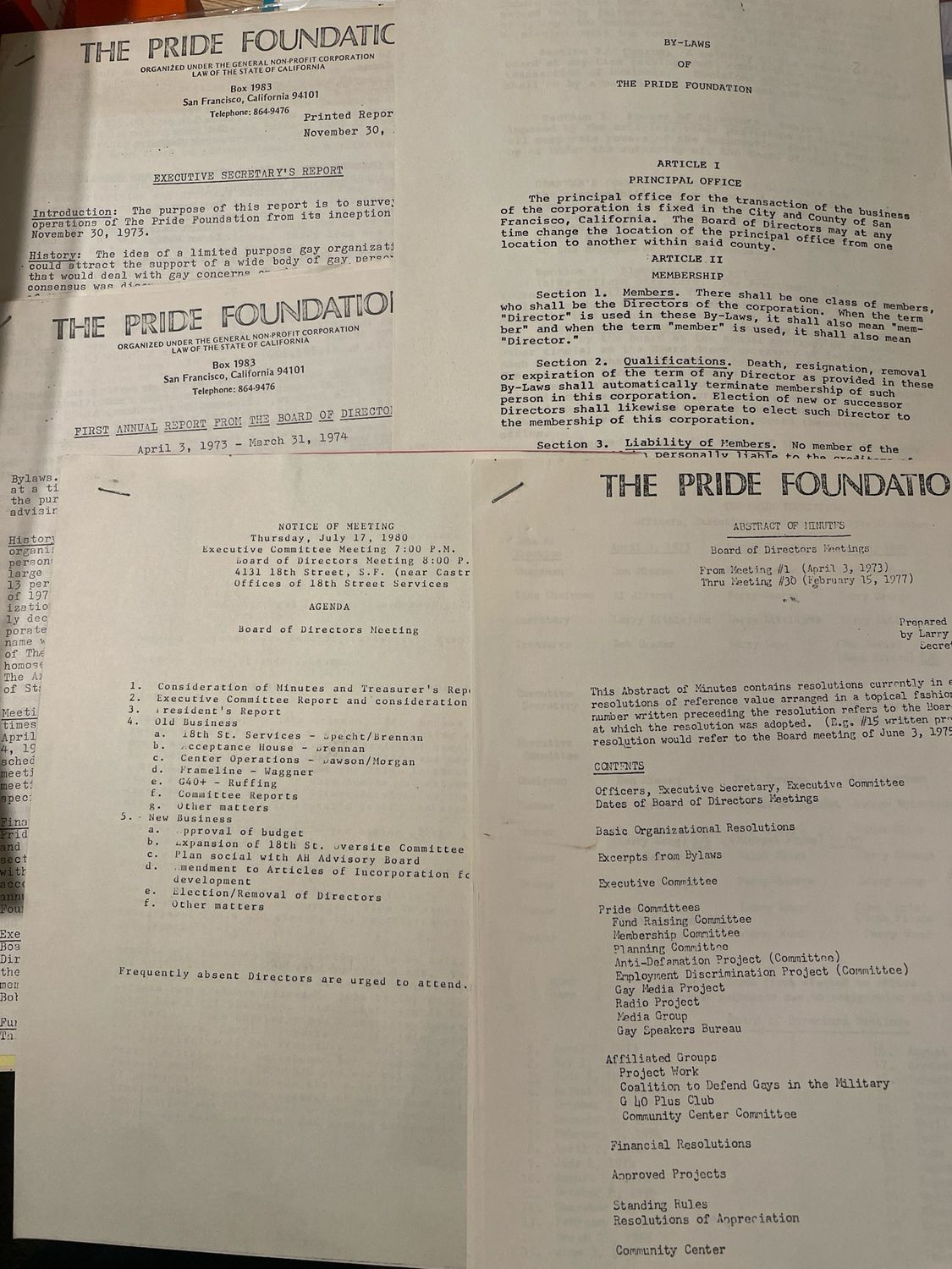 Pride Foundation archives Including 1972 By-laws, Meeting Notes
