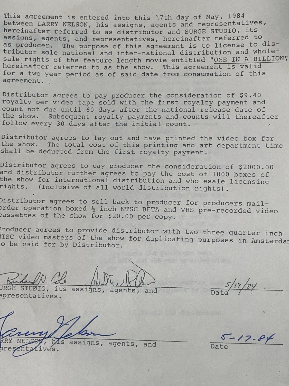 One In A Billion Surge Studio Al Parker And LeSalon Larry Nelson Contract 1984
