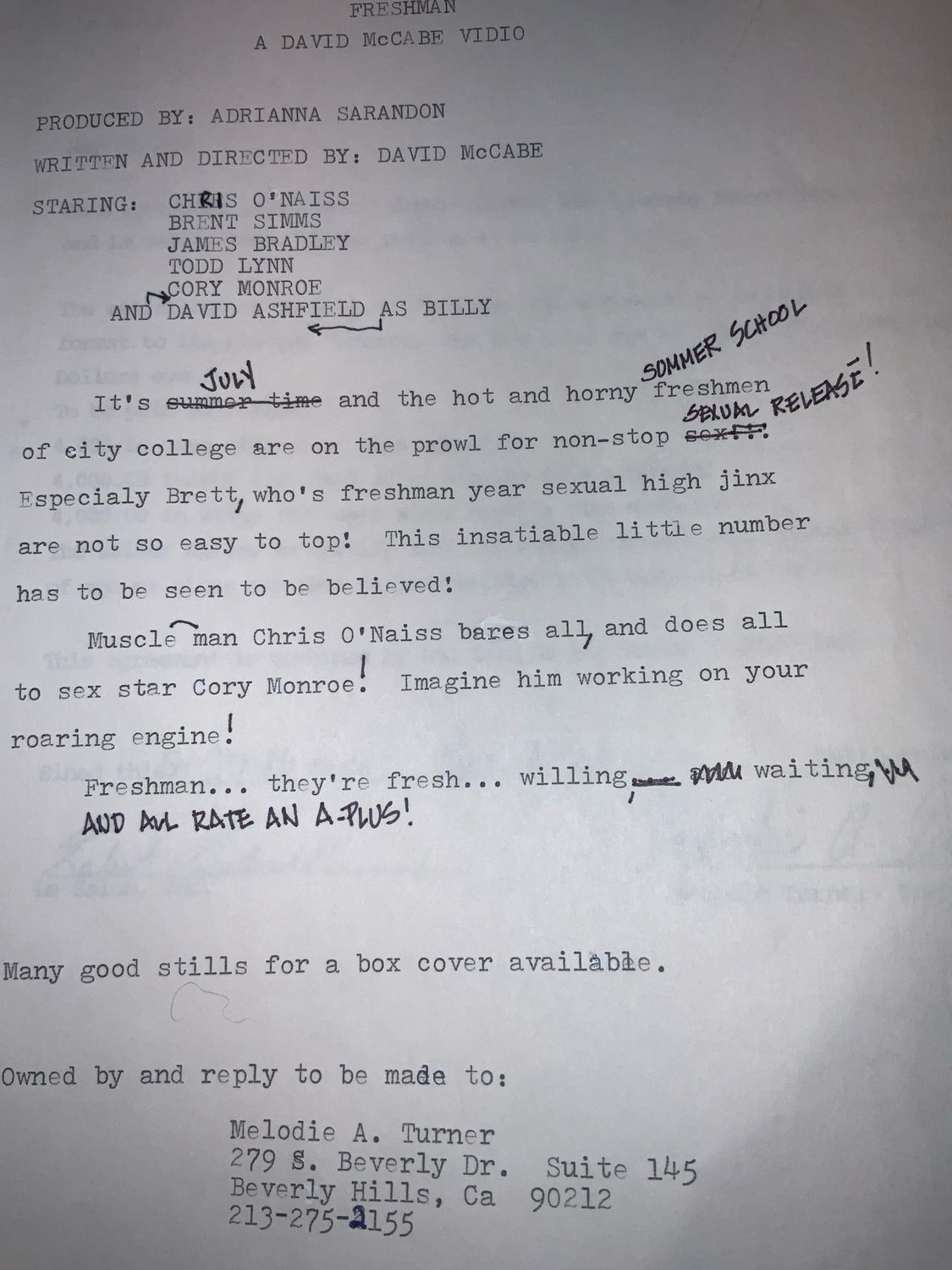 1986 Contract Film “Freshman” A David McCabe Video LeSalon &amp; Melodie Turner Producer Roll0