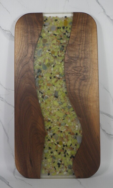 Walnut River Board with Polished Green Serpentine Rocks