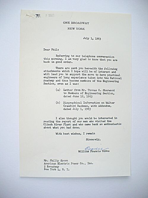 RARE 1963 WILLIAM FRANCIS GIBBS FAMOUS NAVAL ARCHITECT AUTOGRAPHED LETTER