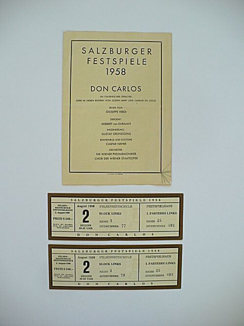 1958 SALZBURG FESTIVAL GIUSEPPI VERDI DON CARLOS OPERA PROGRAM AND TICKETS