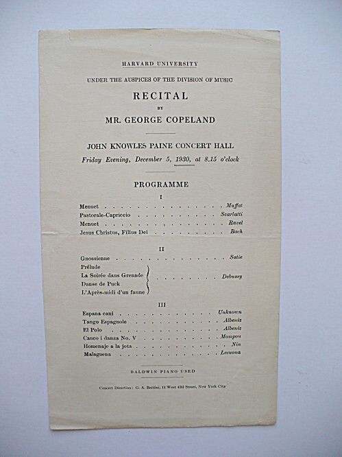 1930 HARVARD UNIVERSITY PIANO MUSIC CONCERT RECITAL BY GEORGE COPELAND