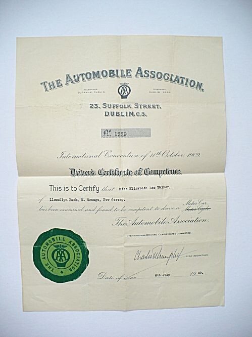 1929 INTERNATIONAL DUBLIN IRELAND AUTOMOBILE MOTOR CAR DRIVING CERTIFICATE