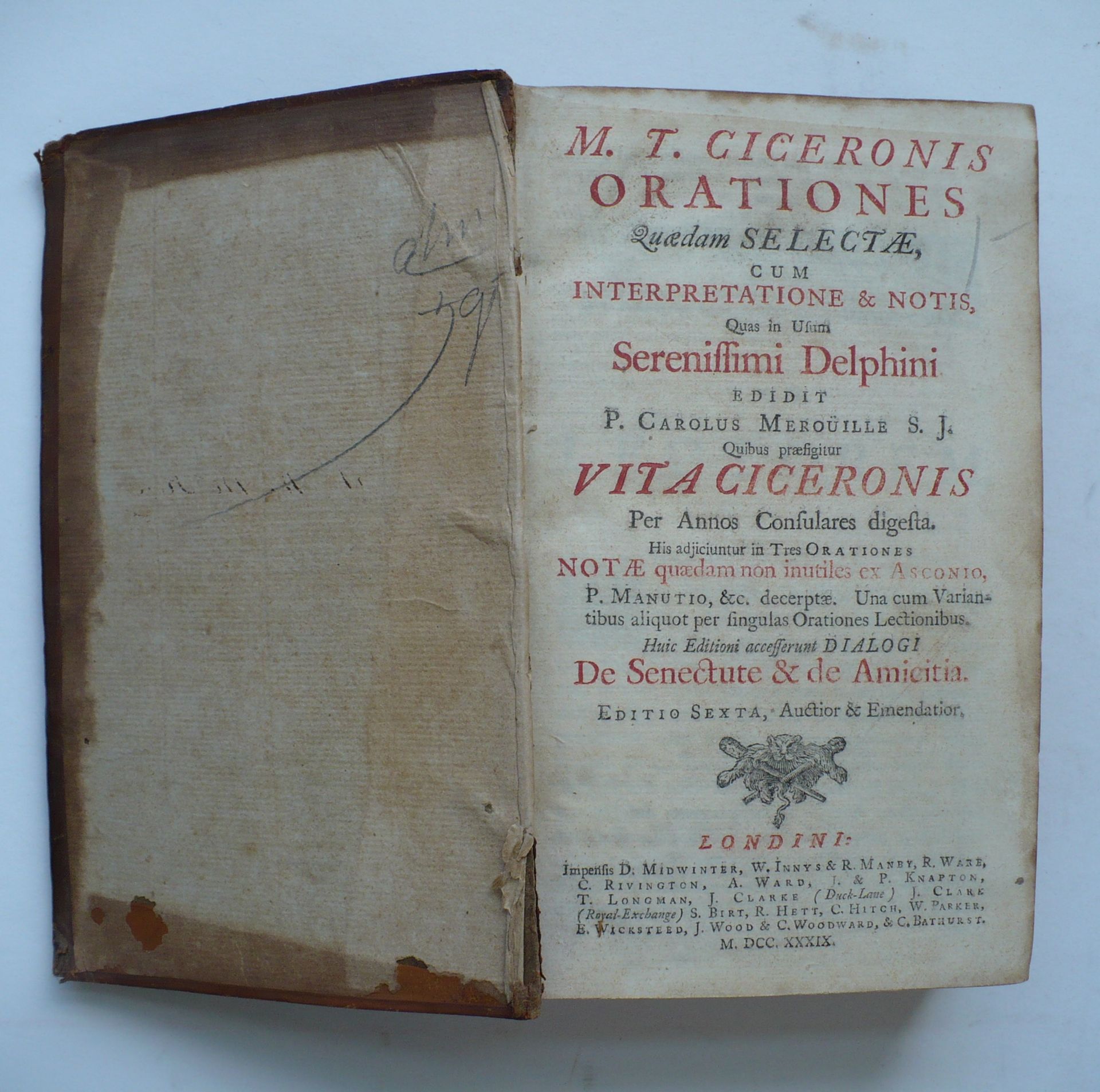 1739 BOOK CICERONIS ORATIONES LONDON P. CAROLUS MEROUILLE