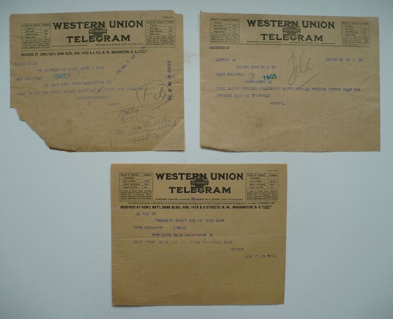 3 TELEGRAMS FROM HERBERT HOOVER, PRESIDENT AND COMMERCE SECRETARY