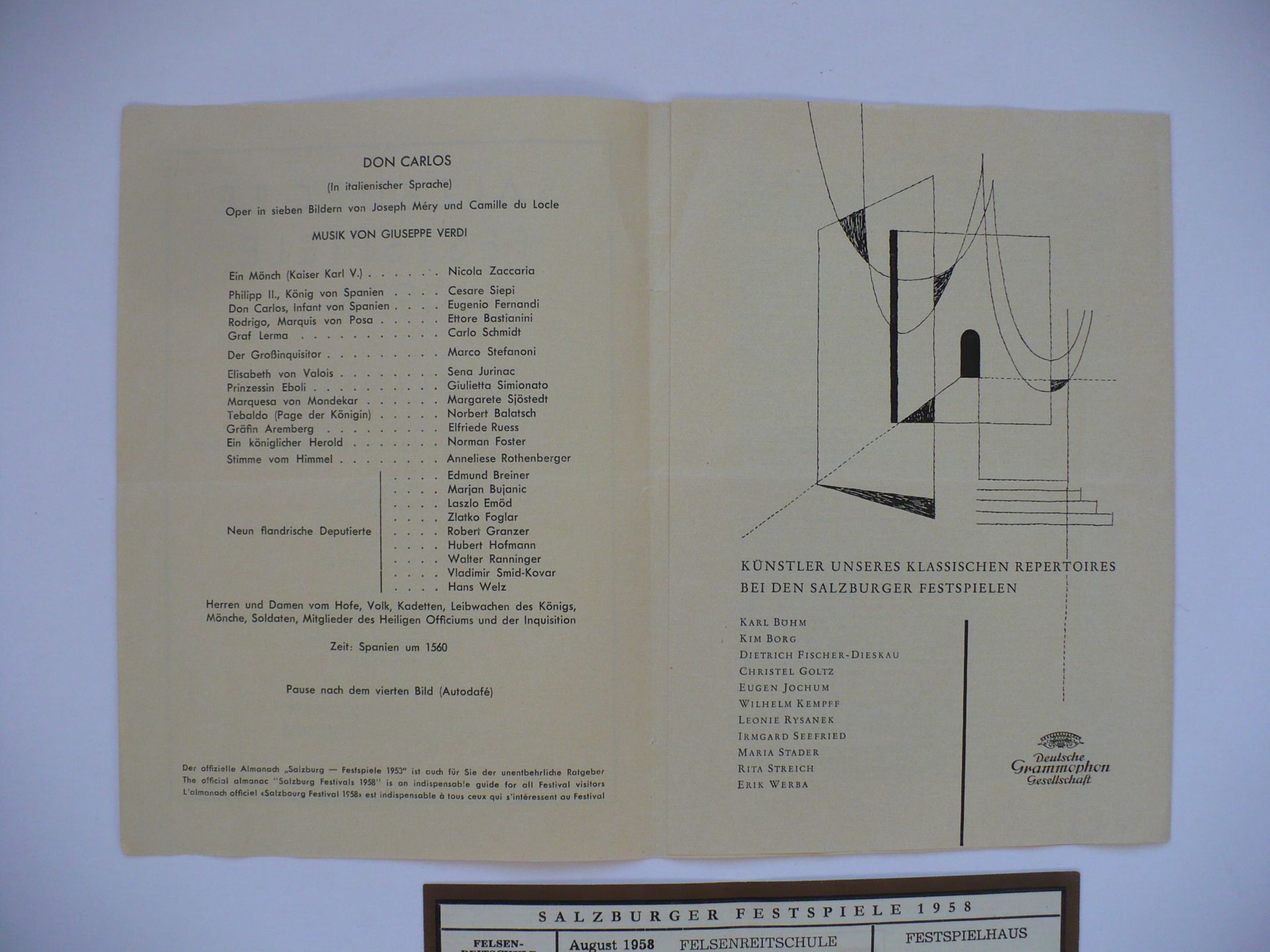 1958 SALZBURG FESTIVAL GIUSEPPI VERDI DON CARLOS OPERA PROGRAM AND TICKETS