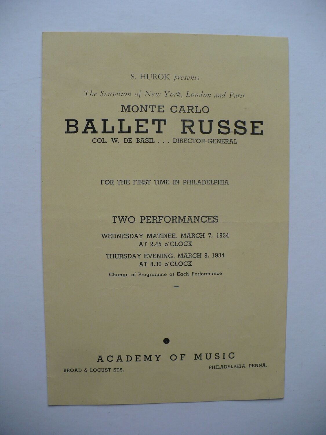 RARE 1934 MONTE CARLO BALLET RUSSE PROGRAM, RENE BLUM, COL. DE BASIL, LEONIDE MASSINE