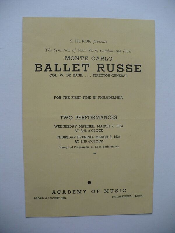 RARE 1934 MONTE CARLO BALLET RUSSE PROGRAM, RENE BLUM, COL. DE BASIL, LEONIDE MASSINE