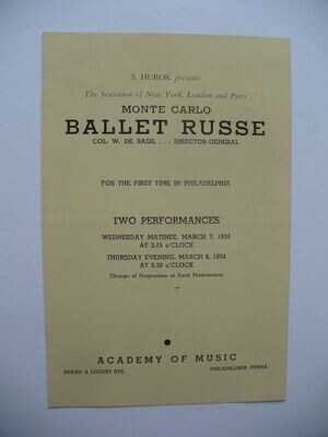 RARE 1934 MONTE CARLO BALLET RUSSE PROGRAM, RENE BLUM, COL. DE BASIL, LEONIDE MASSINE