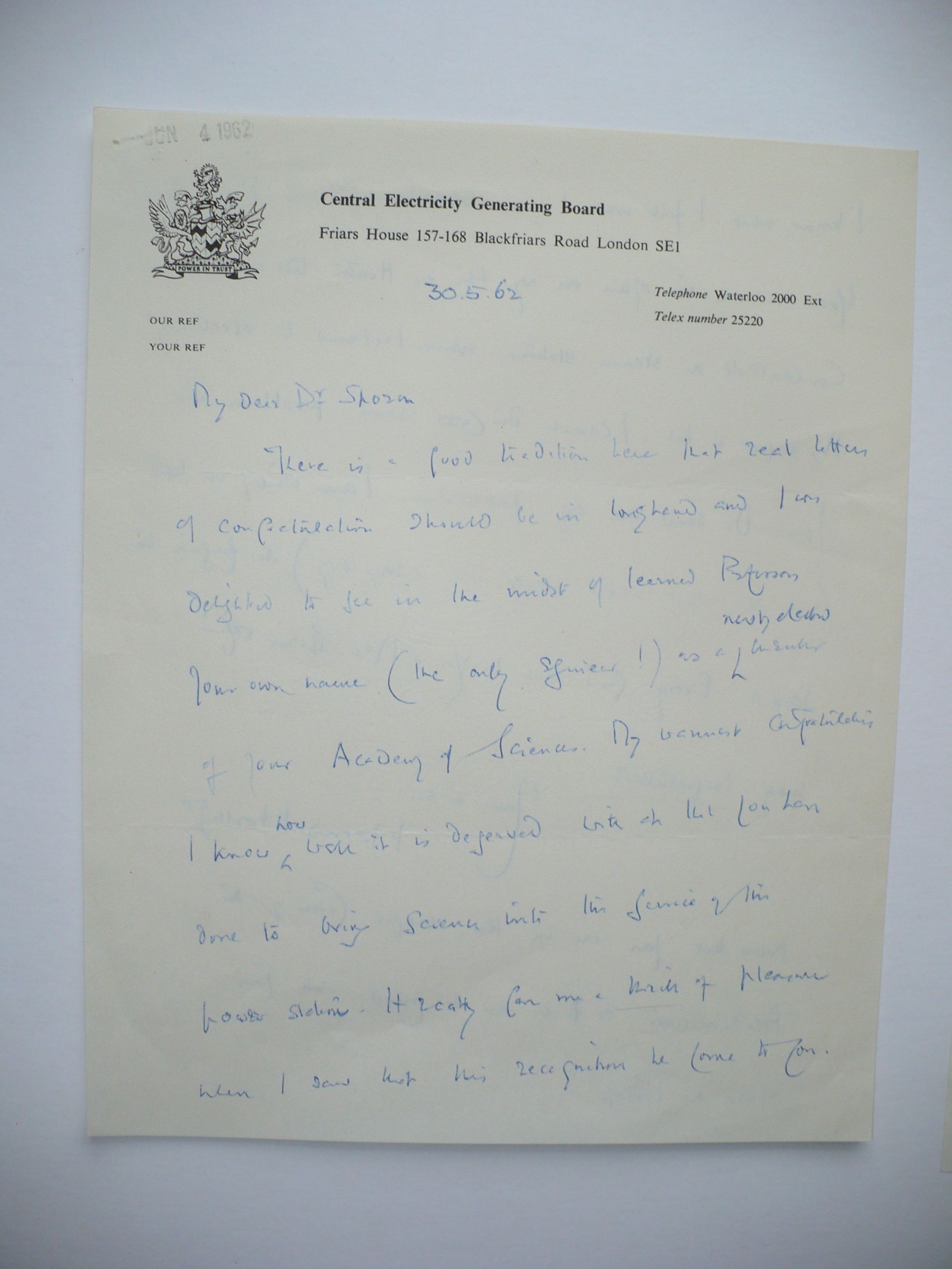 1962 SIR HAROLD HARTLEY LONDON ENGLAND BRIGADIER-GENERAL, CHEMIST AUTOGRAPHED LETTER