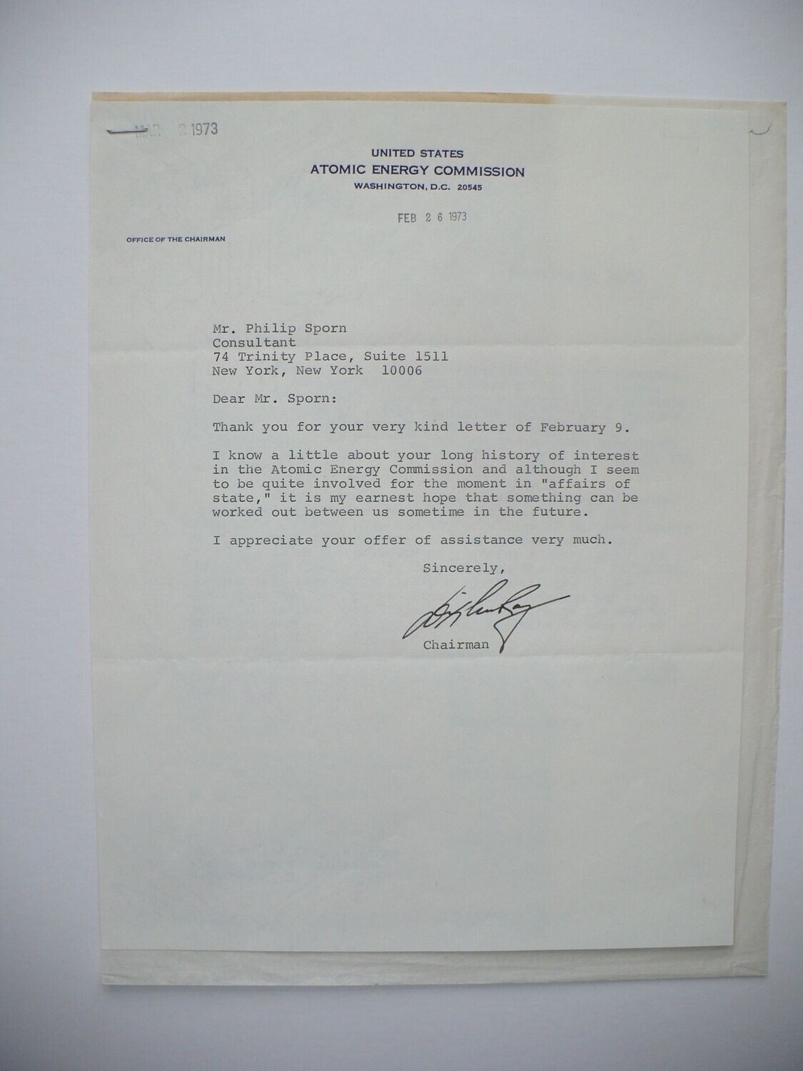 1973 DIXY LEE RAY ATOMIC ENERGY COMMISSION CHAIRWOMAN AUTOGRAPHED LETTER