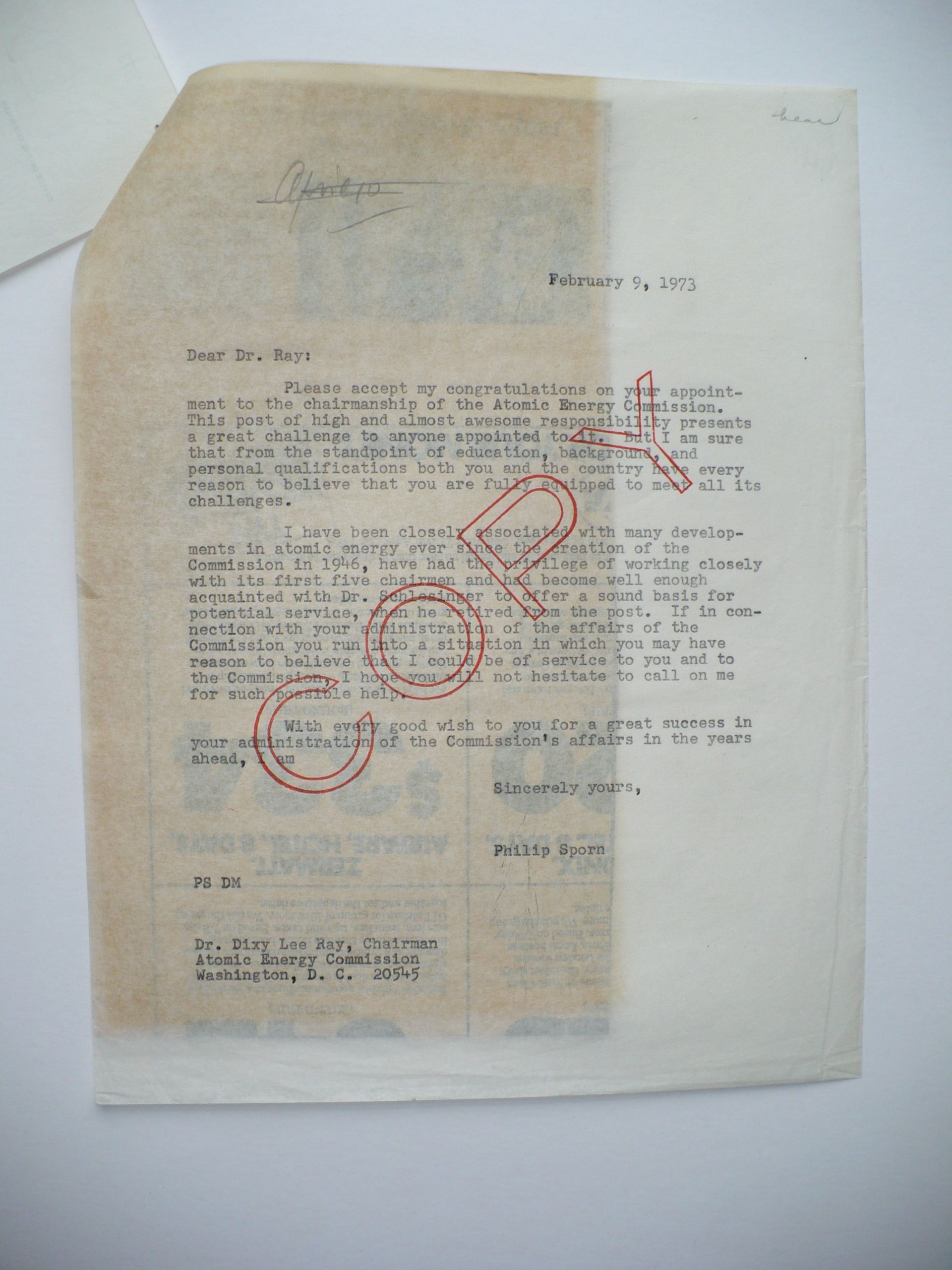 1973 DIXY LEE RAY ATOMIC ENERGY COMMISSION CHAIRWOMAN AUTOGRAPHED LETTER