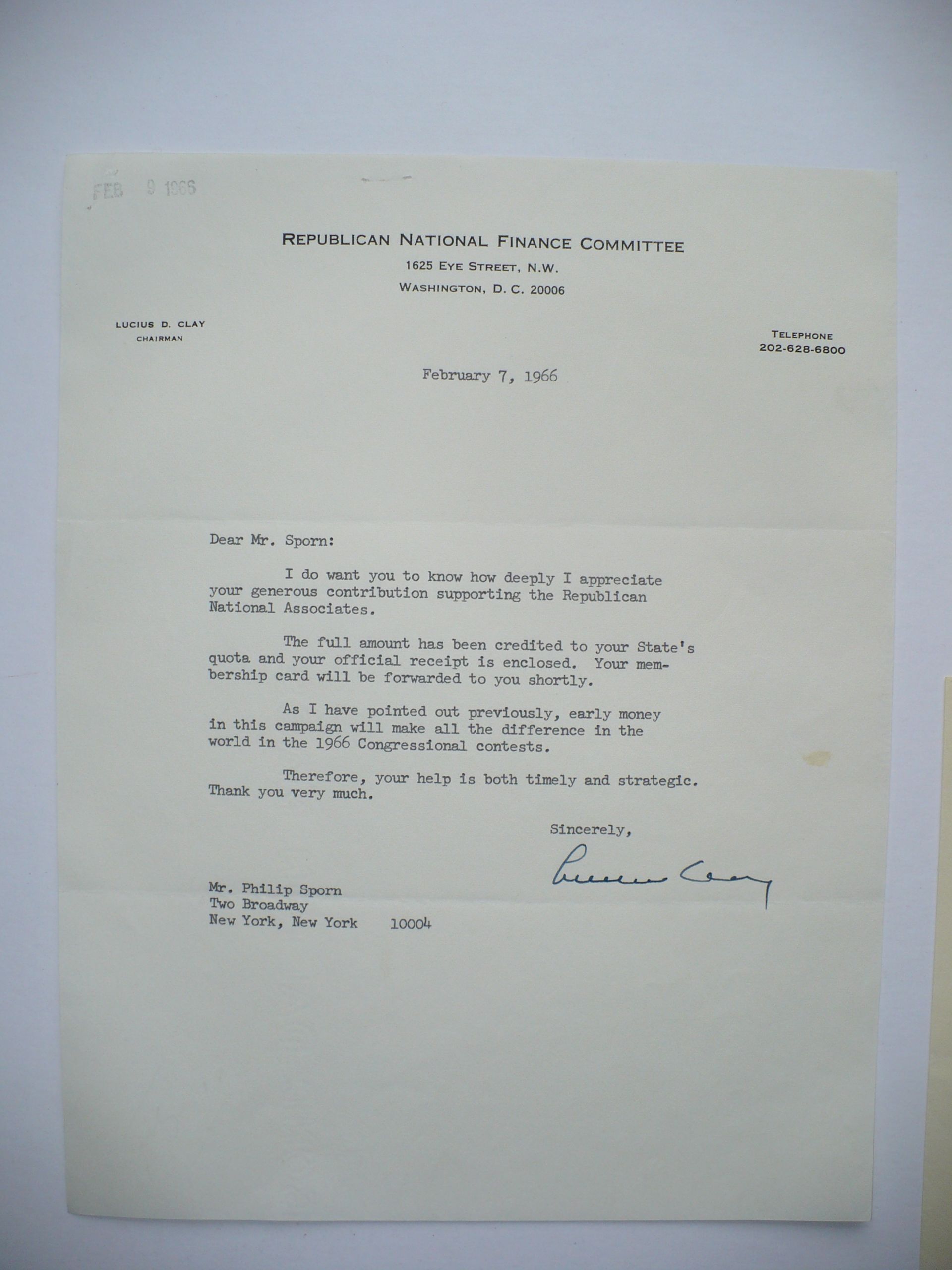 1966 & 1967 GENERAL LUCIUS D. CLAY AUTOGRAPHED LETTERS POLITICAL CAMPAIGN