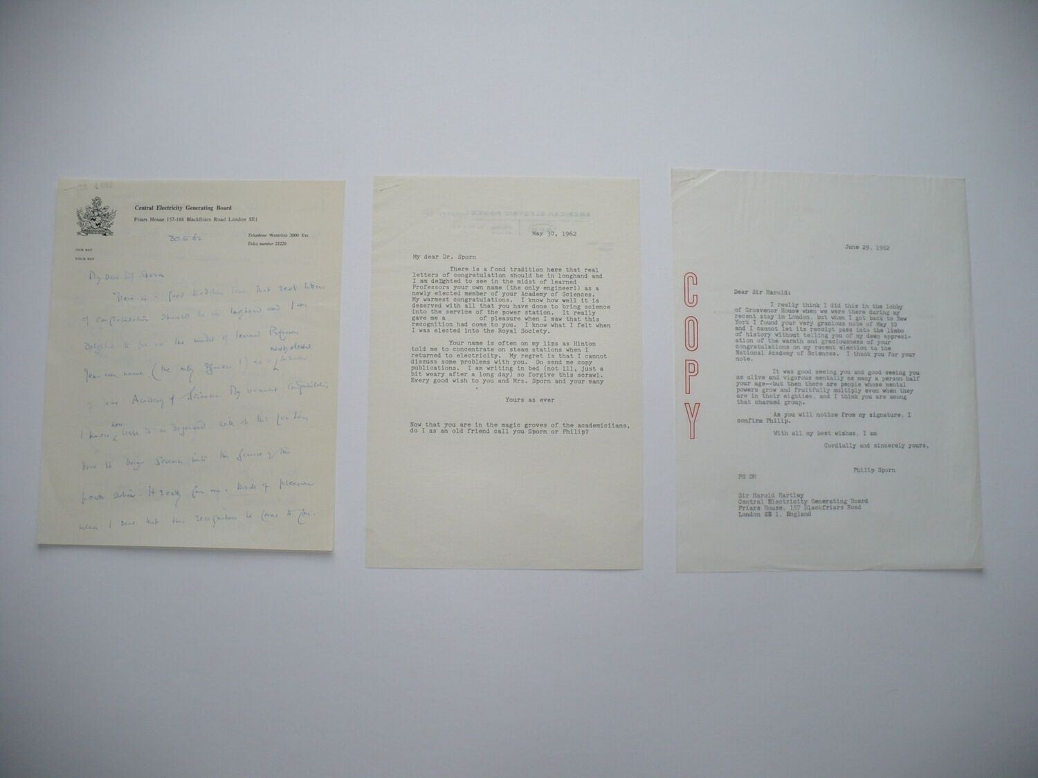 1962 SIR HAROLD HARTLEY LONDON ENGLAND BRIGADIER-GENERAL, CHEMIST AUTOGRAPHED LETTER