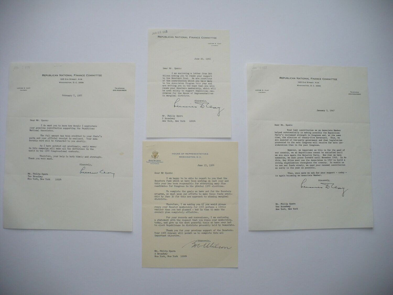 1966 & 1967 GENERAL LUCIUS D. CLAY AUTOGRAPHED LETTERS POLITICAL CAMPAIGN