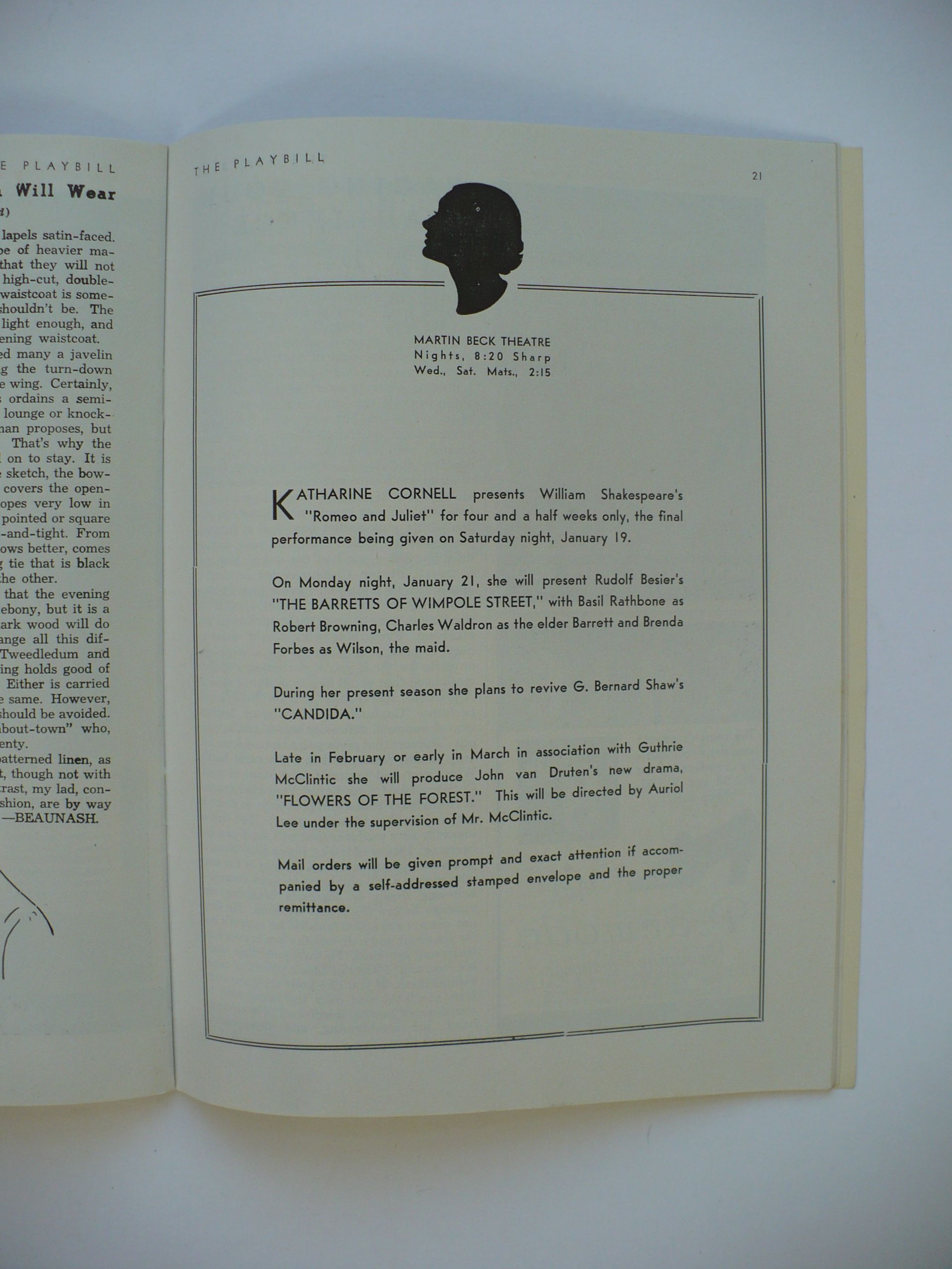 1934 ORSON WELLES BROADWAY DEBUT, KATHARINE CORNELL, CECIL RATHBONE PREMIERE PLAYBILL PROGRAM