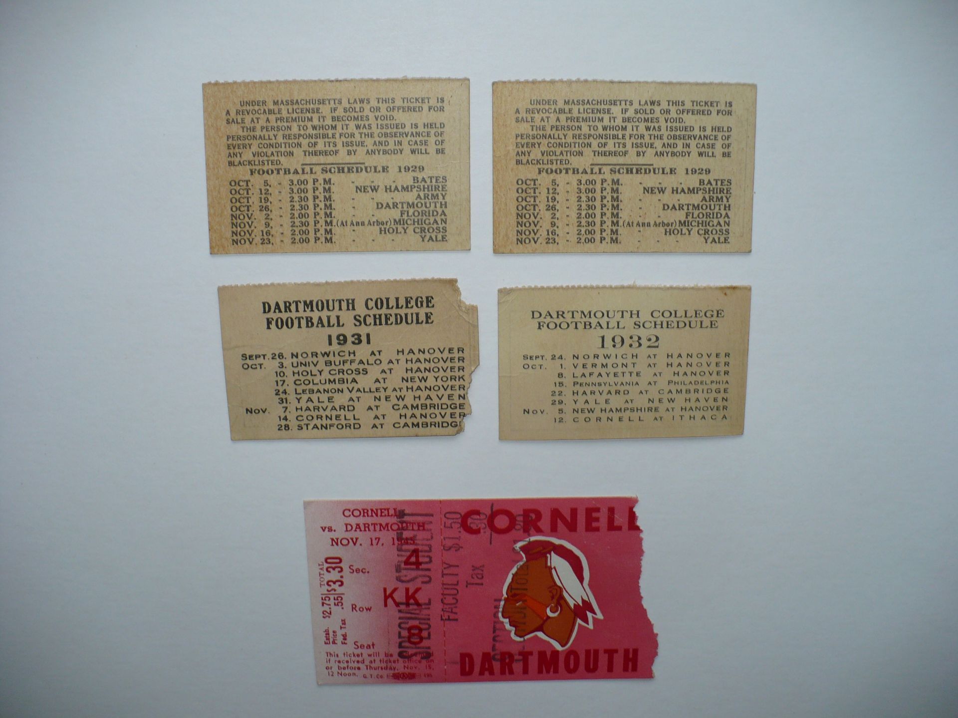 GROUP OF 5 DARTMOUTH COLLEGE FOOTBALL GAME TICKETS 1929-1945