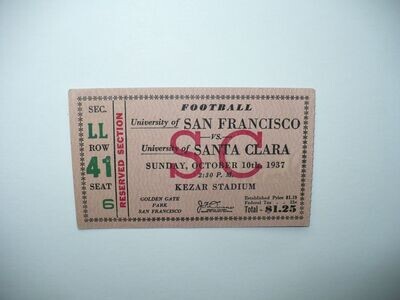 1937 UNIVERSITY OF SAN FRANCISCO AND SANTA CLARA FOOTBALL GAME TICKET STUB